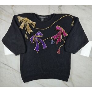 Vintage 80s Work In Progress Sequin Beaded Bow Sweater Holiday Silk Knit Large